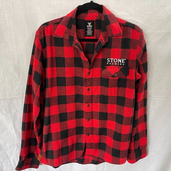 Stone Brewing Red Plaid Flannel Button Up LS Shirt Size Medium - Picture 1 of 4